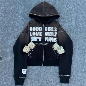 Popular Hip Hop Street Style Hombres Cremallera suelta Hacer viejos agujeros <span class=keywords><strong>rotos</strong></span> Remaches Diseño Sudaderas con capucha de algodón Vintage Acid Wash Hoodie - Product Image 2