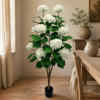 Arbre d'hortensia artificiel de 1,5 m, fleurs blanches en boules, plante artificielle en soie avec pot noir pour la décoration de mariages, fêtes, hôtels et boutiques