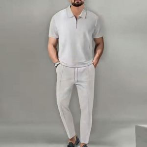 I-0497 Ensemble d'été deux pièces pour homme, style streetwear formel, écologique, couleur unie, col montant, manches courtes, fermeture éclair - Product Image 5