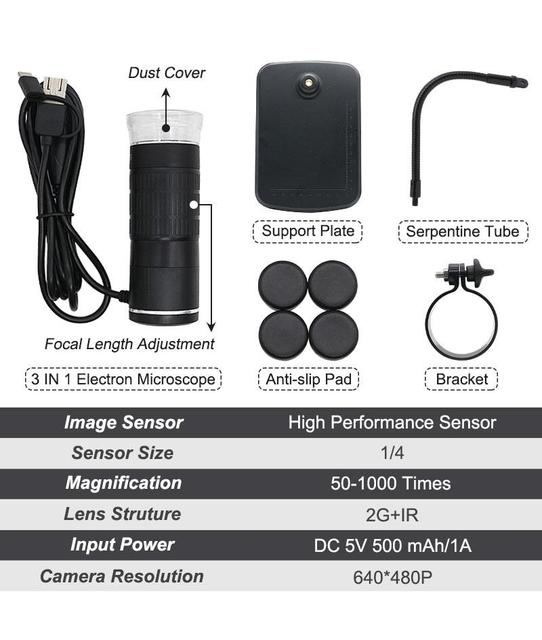 Digital Microscope Camera 1000X 8 LEDs 3in1 Type-C USB Portable Electronic Zoom Magnifier Snake Tube Stand for Android Phones PC