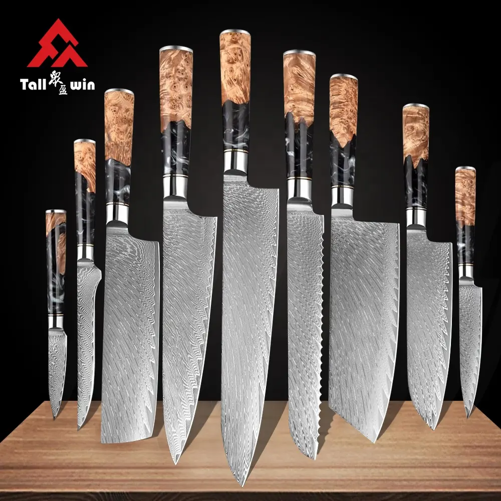 Mango de madera de resina de alta calidad VG10, cuchillo japonés de Damasco, cuchillo de carnicero para deshuesar, tallado, santoku, juego de cuchillos de cocina