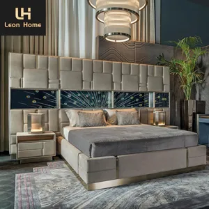 High end villa bedroom furniture modern luxury leather queen beds upholstery fabric double king size luxury bed