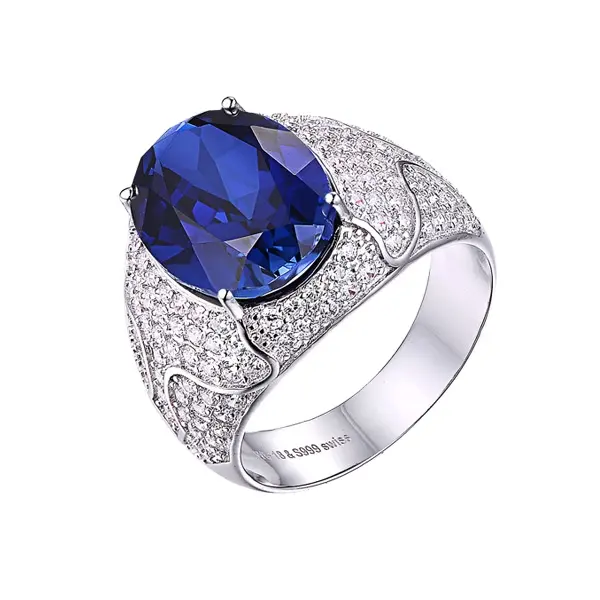 Men natural blue sapphire precious stone rings with cz,oval jewel cut blue stone ring