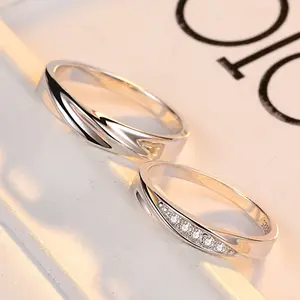 Luxury Korean Style Girlfriend Gift 925 Silver Plated Zircon Lover Couples Engagement Adjustable Rings Set Jewelry For Wedding