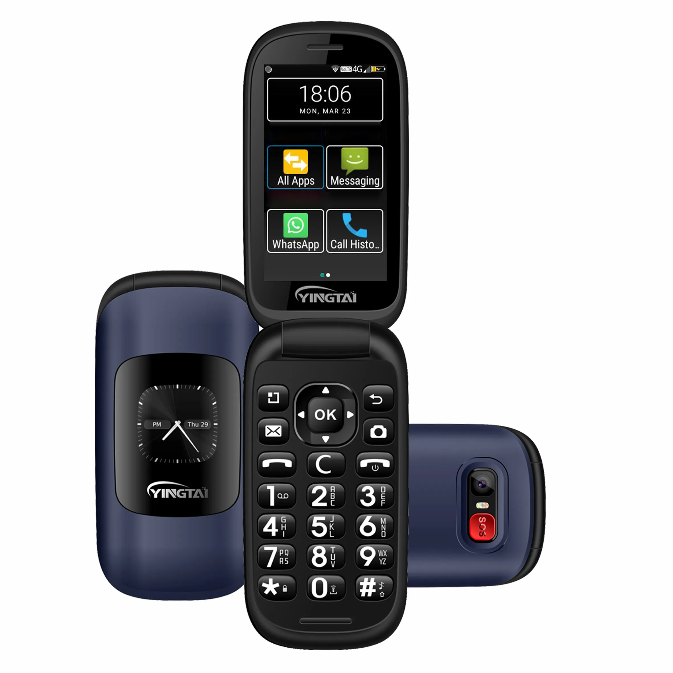 3.2インチタッチスクリーン4GシニアフリップフォンビッグボタンスマートAndroidキーパッド携帯電話