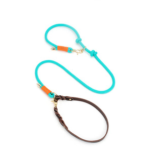 Adjustable Olive Green Rope <b>Dog</b> Leash and Collar Set with Brown <b>Leather</b> Handles - Product Image 5