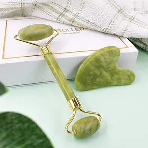 gua sha réel jade Suppliers-Rouleau en Jade vert Anti-vieillissement pour le visage, tissu 100% naturel, relaxation musculaire, soulager les rides, 2 pièces par boîte