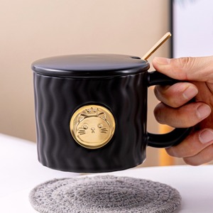Ensemble de tasses en céramique de 360 ml avec couvercle et cuillère, design mignon, usage domestique, tasses de couleur unie pour le café et le thé - Product Image 4