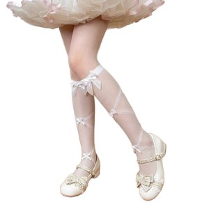 Lolita Stockings Knee High Off White Pink Bow Lace Transparent Women's Summer Thin Ballet Style Socks - Product Image 5