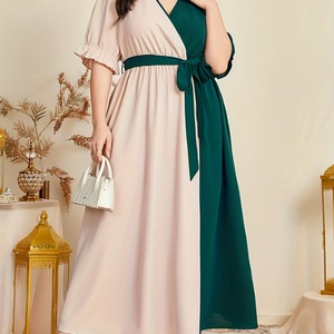 Nouvelle Robe d'été tendance, sexy et décontractée, à contraste de couleurs, froncée, à manches mi-longues, en mousseline, élégante, grande taille pour femme - Product Image 3