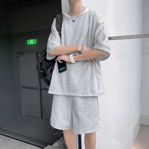 Summer Fashion Trend Men's Casual Solid Color Waffle Short-Sleeved Shorts <b>Set</b> Simple Loose Half Sleeve <b>Knitted</b> Weaving - Product Image 5