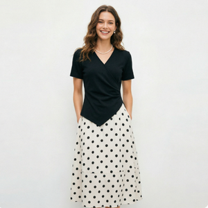 Ensemble pour femme d'été coréen, haut tricoté à pois avec coutures, manches courtes, longueur au-dessus du genou - Product Image 1