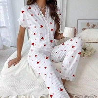 Set Piyama Wanita Bermotif Ceri Piyama Renda Wanita Dua Potong Pakaian Rumah Kasual Lembut Celana Panjang Lengan Pendek Pakaian Tidur