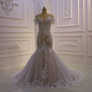 2022 सफेद गोल्ड मरमेड विंटेज कंधे शादी फीता कपड़े जानेमन चमक के साथ ब्राइडल गाउन ट्रेन