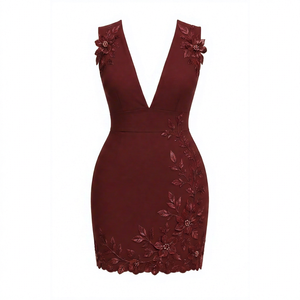 Robe de soirée sans manches bordeaux, col en V, mini, moulante, robe de fête, applique florale 3D, respirante, tenue de cocktail - Product Image 1
