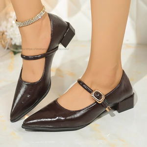 Autumn Pointed Toe Low-Heeled Flats Retro New Style Thick Heel Shallow Mouth Large Size Professional Flats for Women - Product Image 1