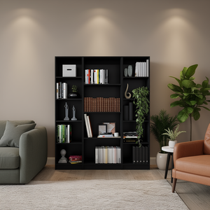 ชุดตู้หนังสือสีดำ 3 ชิ้น ดีไซน์ทันสมัยแบบมินิมอล ชั้นวาง 9 ช่อง วัสดุ MDF เฟอร์นิเจอร์ห้องนั่งเล่นแบบตั้งพื้น - Product Image 2