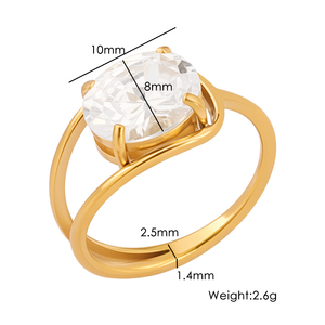<span class=keywords><strong>Bague</strong></span> pour <span class=keywords><strong>femme</strong></span> en acier inoxydable plaqué or 18 carats de haute qualité, avec grand zircon ovale superposé et barre en zircone cubique, étanche - Product Image 6