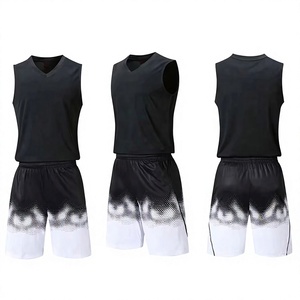 Ensemble de maillots de basket-ball pour hommes, dégradé noir et blanc, col en V, sans manches, en polyester anti-humidité, vêtements de sport toutes saisons - Product Image 1