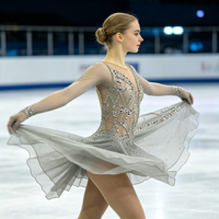 Robe de patinage sur glace gris clair, ornée de strass, à manches longues, pour enfants et adultes, pour compétition et spectacle