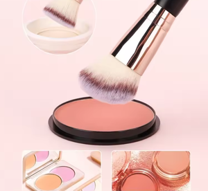 Pinceau de maquillage double embout en forme d'éventail, manche en bois noir et or, fibres synthétiques, pour blush et cosmétiques visage - Product Image 3