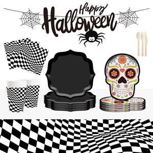 DAMAI Halloween-themed Skull Paper Plates Black Paper Plate Set Disposable Paper Plate Set - Product Image 1