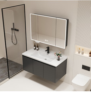 Meuble de salle de bain moderne avec lavabo en céramique intégré, ensemble vasque et miroir pour hôtel, en panneau de particules