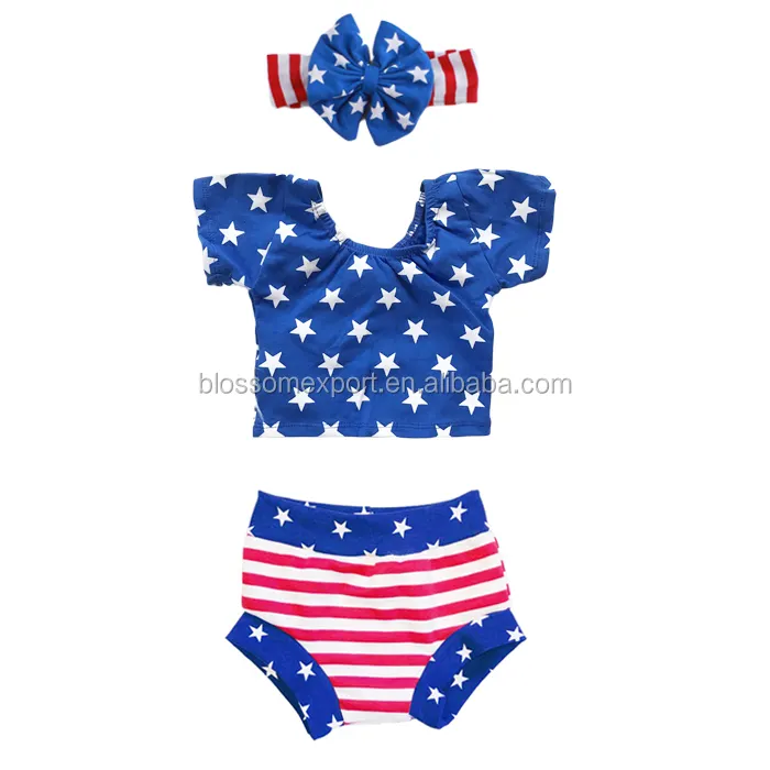 Conjunto de ropa con estampado de bandera de Estados Unidos, conjunto de Top corto de estrella blanca y roja, Leo + Bummies + Diadema con lazo, conjunto de ropa para bebés del 4 de julio