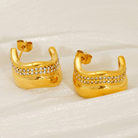 Breite Manschetten-Creolen aus 304 Edelstahl, 18K Gold Vakuumbeschichtet, 20mm Doppelreihig mit Klaren Steinen, Offene C-Form, Moderner Damenschmuck
