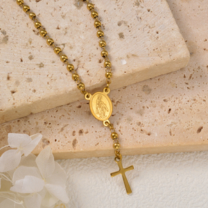 Conjunto de Joyería para Mujer, Chapado en Oro de 18K, Medalla Milagrosa Geométrica, Cadena de Mano Ajustable con Cuentas Ovaladas y Cruz, Acero Inoxidable 316L - Product Image 3