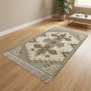 Vintage Handmade <b>Wool</b>/Jute Patchwork Area Rug Turkish Style <b>Brown</b> Bordered Rectangle for Dining Room Home - Product Image 1