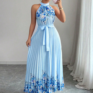 <span class=keywords><strong>Abito</strong></span> <span class=keywords><strong>lungo</strong></span> da donna elegante con stampa floreale, scollo all'americana e vita annodata, plissettato, con ampia gonna a ruota, stile europeo e americano, collezione 2026 - Product Image 5