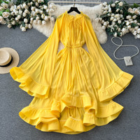 Robe élégante pour femmes en mousseline de soie fuchsia à volants, coupe évasée, manches longues, décontractée, pour les vacances, les fêtes, vêtements pour femmes