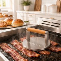 Presse à hamburger en acier inoxydable antiadhésive avec poignée en bois, finition argentée polie, diamètre 150 mm, épaisseur 8 mm, pour bacon, viande hachée, saucisse