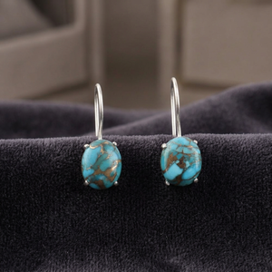 Boucles d'oreilles artisanales en turquoise bleue et cuivre, plaquées argent 925, pour femmes et filles. - Product Image 3