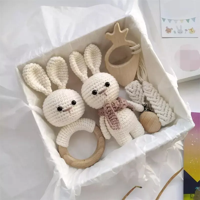 Organic bunny crochet rattle knitting teether ring baby chew toy baby teething Shower baby gift set