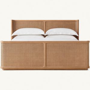 Lit avec tête de lit en rotin et cadre en bois massif de style contemporain, taille King ou Queen, avec pied de lit - Product Image 5