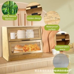 Bamboo Bread Box Double Layer With Glass Door Kitchen <b>Storage</b> <b>Container</b> For Bread And <b>Cake</b> - Product Image 1