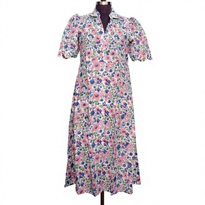 Vestido Bohemio Vintage Hecho a Mano, Ecológico, de Algodón Dulce, con Cuello en V, Estampado Floral, Detalle de Botones, Manga Corta, Corte en A, Natural - Product Image 6