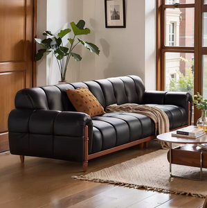 फ्रेंच विंटेज टॉप-ग्रेन वाक्स्ड काउहाइड सोफे पियानो कुंजी सिलाई सीधे-पंक्ति डिजाइन आधुनिक काले अमेरिकी-प्रेरित लिविंग रूम - Product Image 2