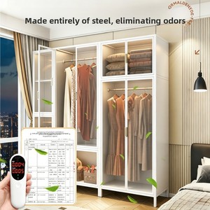 Armoire de chambre moderne en acier avec portes pliantes verticales en verre à motifs, meuble en panneaux métalliques - Product Image 4