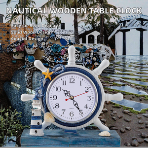 Horloge de bureau en forme de roue de bateau nautique avec décoration phare et coquillages, mouvement à quartz, fonctionne à piles, style côtier - Product Image 2