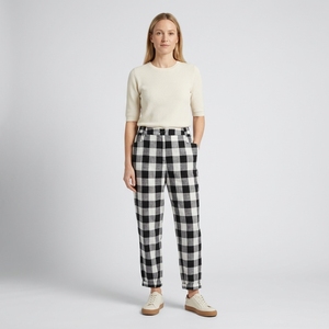 Pantaloni da <span class=keywords><strong>Donna</strong></span> in 60% Cotone 40% <span class=keywords><strong>Lino</strong></span>, Stile Gingham a Quadri Bianco e <span class=keywords><strong>Nero</strong></span>, Casual e Cropped - Product Image 1