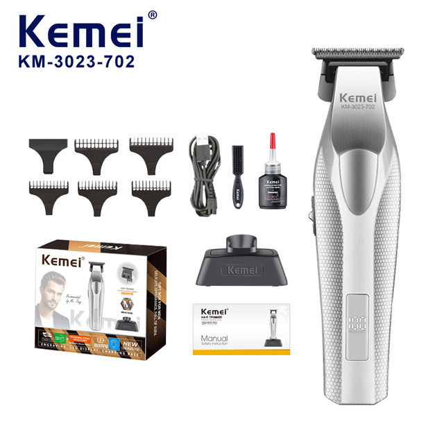 Kemei Km-3023-702 Matel Hosting Luxury Quality Professional Hair Cutting Machine Silver Hair Clipper Cordless DLC Trimmer Males