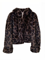 Damen Kunstpelz-Mantel mit Kapuze, Schlanke Passform, Lässiger Stil, Reißverschluss, Dick, Leopardenmuster, Normale Länge, Umweltfreundlich, Weiches Polyester