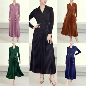 Nuevo Vestido Maxi Plisado Elegante Color Caramelo Marrón para Mujer 2026, <span class=keywords><strong>con</strong></span> Cuello Blazer, Cintura <span class=keywords><strong>con</strong></span> Pedrería y Volantes, Vestido Formal para Bodas y Fiestas - Product Image 2