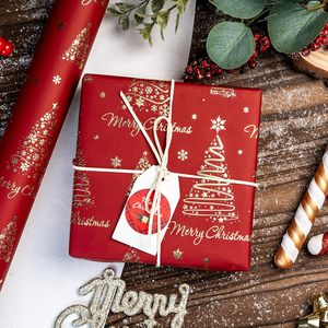 Red Christmas Wrapping Paper Roll 17in x 32.8ft Gold Foil Trees And Letters Gift <b>Wrap</b> For Holiday Celebration - Product Image 5