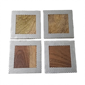 Classic Style Wood Metal Natural & Silver 4x4 Inch Non-Slip Minimalist Tea Cup Coaster <b>for</b> Home Hotel Restaurant Tableware Use - Product Image 1