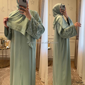 عباية نسائية فاخرة بلون سادة بتصميم دبي، ثوب للعيد والحج بأكمام طويلة، ملابس محتشمة بتطريز يدوي بالخرز، زي إسلامي تقليدي - Product Image 1