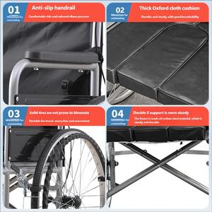 Fauteuil roulant manuel pliable et portable avec dossier haut, cadre en acier carbone épaissi, double frein à main, roues de 16/24 pouces - Product Image 5